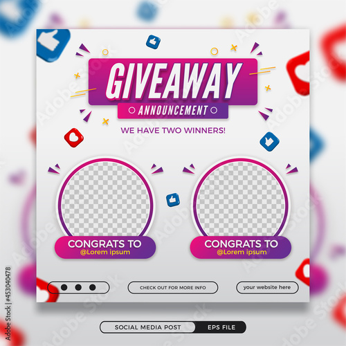 Editable giveaway winner announcement social media post template with 3d elements photo