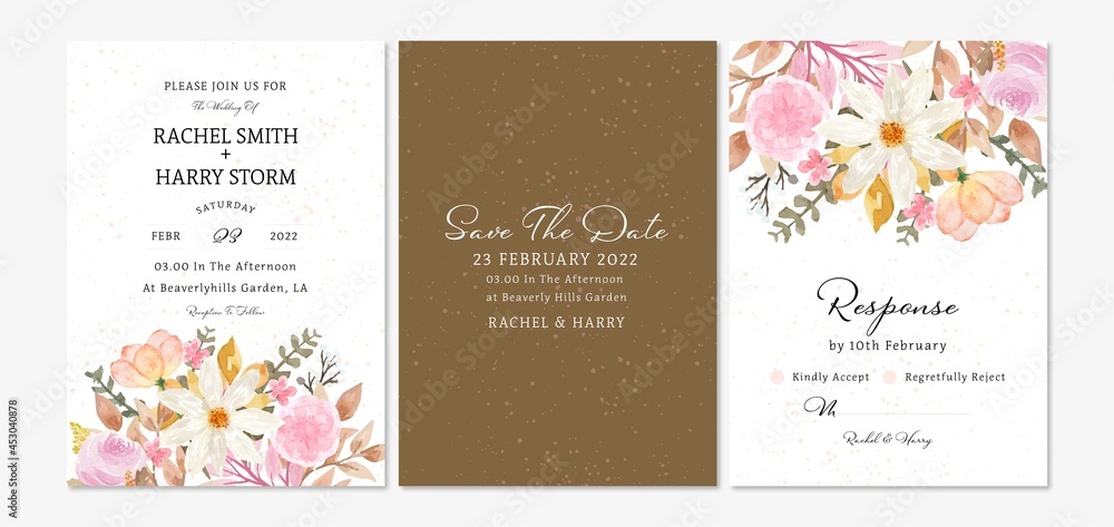 Set of Autumn Floral Wedding Invitation Card With Gorgeous Watercolor Flowers