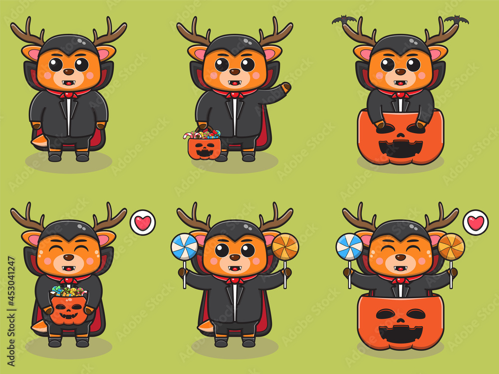 Obraz premium Vector illustration of cute Deer with Dracula halloween costume. Deer character vector design. Good for label, sticker, clipart.