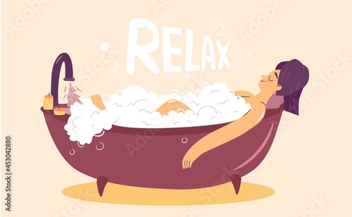 Selfcare relax time. Happy girl taking a bubble bath with candles. Isolated cartoon character illustration. Flat vector design.