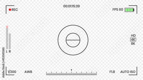 Camera viewfinder video or photo frame recorder flat style design vector illustration. Digital camera viewfinder with exposure settings and focusing grid template. photo