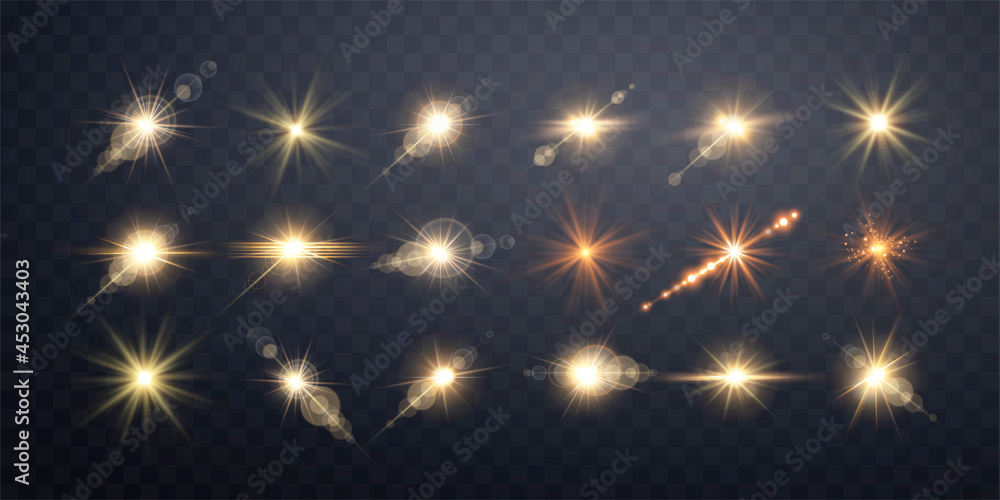 Gold lens flares set..Isolated on transparent background. Sun flash with rays or gold spotlight and bokeh. Yellow glow flare light effect. Vector illustration.
