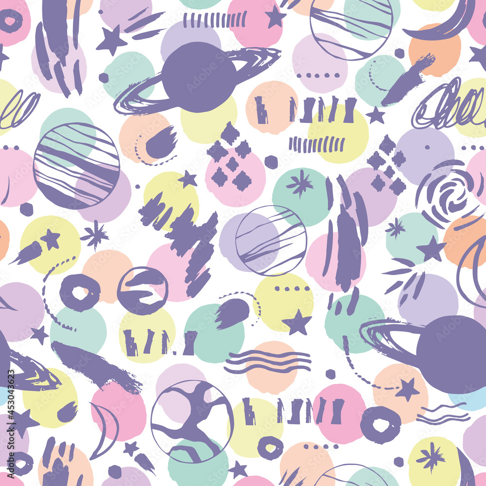 Seamless pattern with cosmic objects planets, stars, comets. Vector illustration for different designs, gift boxes, prints, wallpaper, wrapping paper.