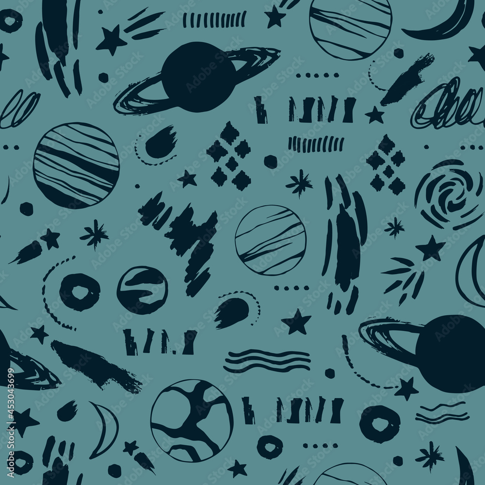 Seamless pattern with cosmic objects planets, stars, comets. Vector ...