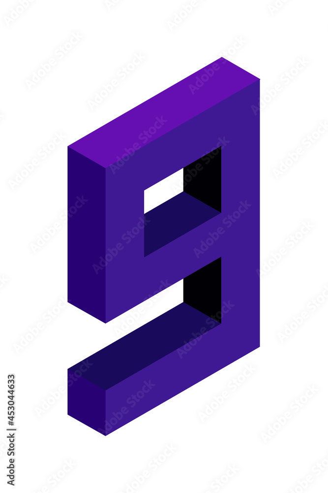 Dark blue number 9 in isometric style. Isolated on white background. Learning numbers, serial number, price, place. Dark blue number 9 in isometric style. Isolated on white background. Learning numbers, serial number, price, place.