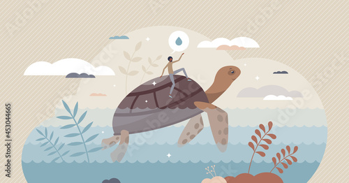 Clean ocean and clear sea with water wildlife protection tiny person concept. Environmental climate protection with active nature conservation activities vector illustration. Ecological marine life.