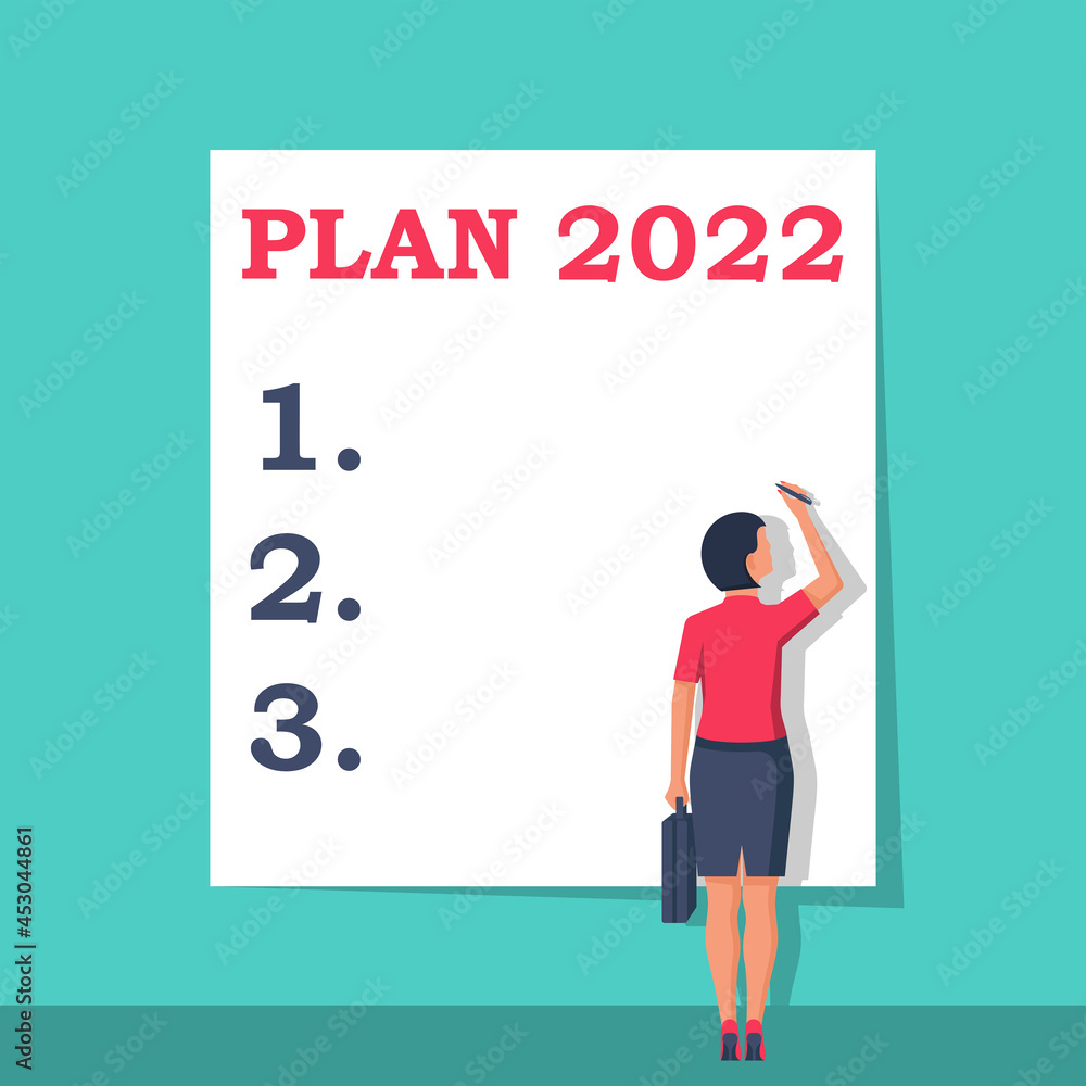 Plan 2022. To do list for next year. Vector illustration flat design. Isolated on white background. Businesswoman writes a motivational plan. Challenge for future. Plan 2022. To do list for next year. Vector illustration flat design. Isolated on white background. Businesswoman writes a motivational plan. Challenge for future.