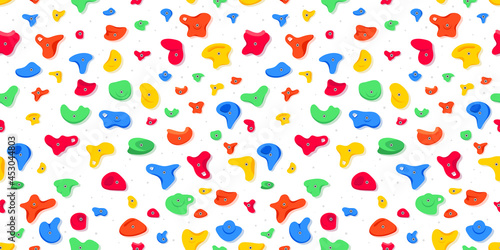 Seamless pattern of climbing grips or holds in the gym bouldering training flat style design vector illustration. Holds for the rock climbing walls. Crimps, jugs, pinches, slopers elements icon signs.