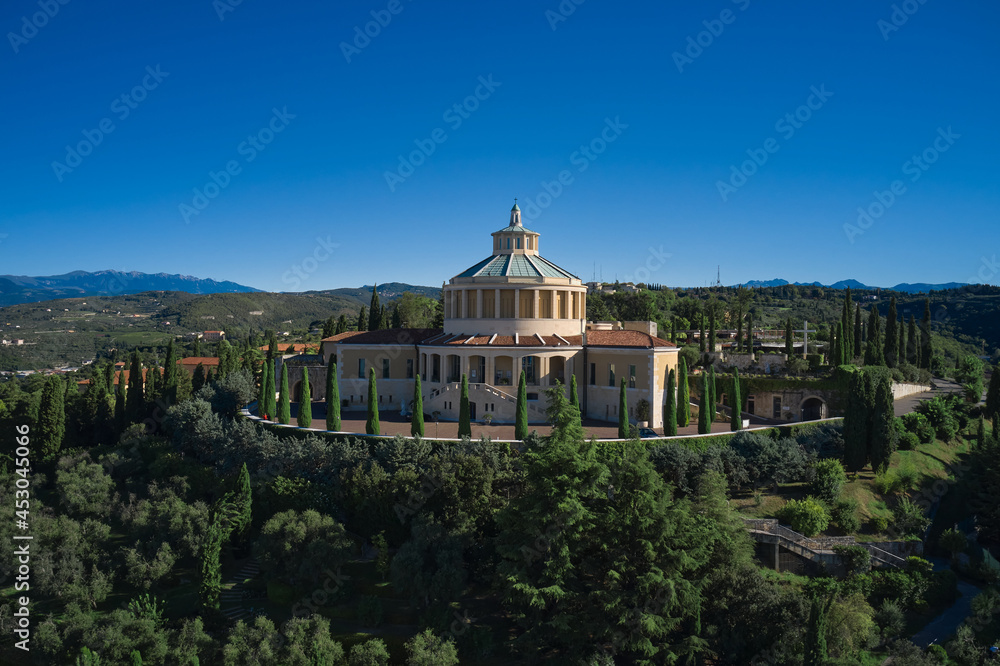 Aerial view of the Santuario della Madonna di Lourdes in Verona. Morning aerial view of Verona Italy.