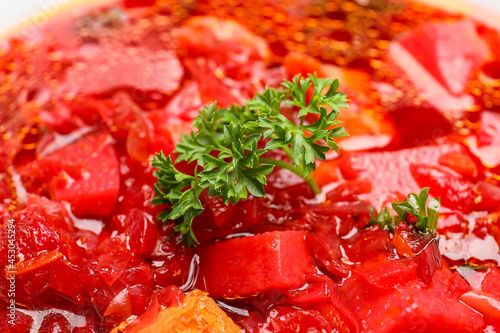 Tasty borscht as background, closeup