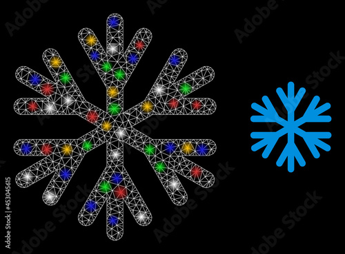 Bright mesh web snow flake with colorful bright dots. Illuminated vector carcass created from snow flake pictogram. Sparkle carcass mesh snow flake, on a black backgound.