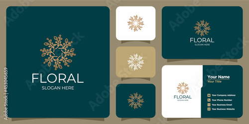 Set of hand drawn feminine and modern floral template logos and business cards