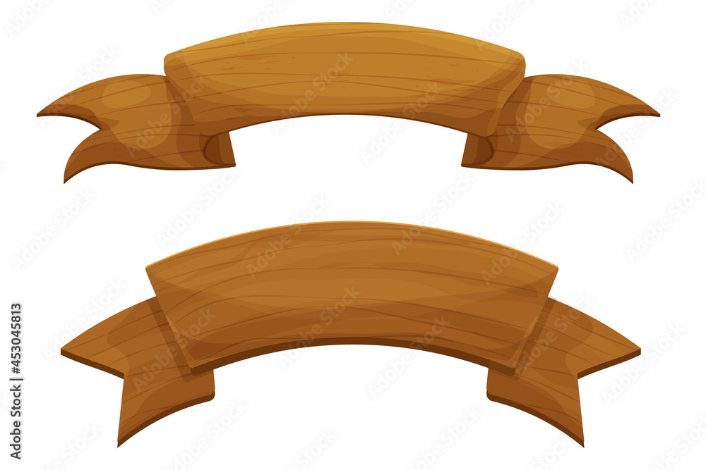 Set wooden rustic banner, ribbon in cartoon style isolated on white ...