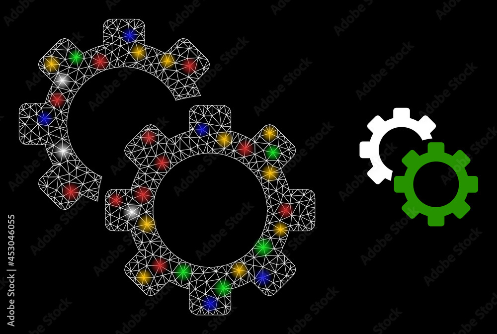Glowing mesh net gears with vibrant glowing spots. Illuminated vector frame created from gears symbol. Sparkle frame mesh gears, on a black backgound. Glowing mesh net gears with vibrant glowing spots. Illuminated vector frame created from gears symbol. Sparkle frame mesh gears, on a black backgound.