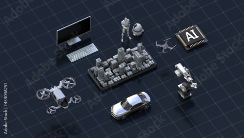 Smart Buildings on smartphone. AI robots machine, Drone taxi, autonomous car, industrial robot arm that symbolize Artificial Intelligence technology. 
