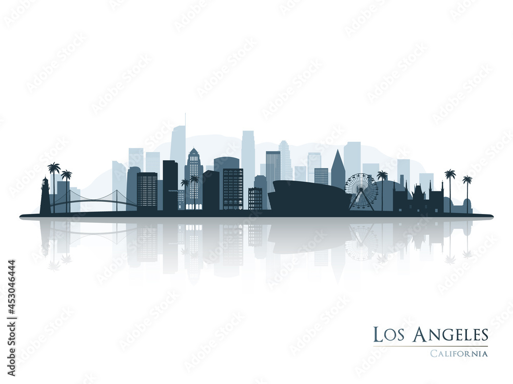 Los Angeles skyline silhouette with reflection. Landscape Los Angeles, California. Vector illustration.
