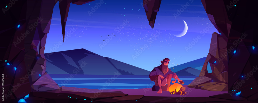 Εκτύπωση καμβά Alone castaway man in cave on uninhabited island with bonfire at night