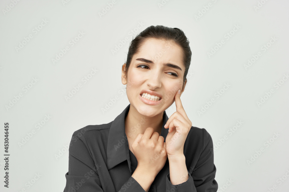 woman in black shirt headache discontent trouble health problems woman in black shirt headache discontent trouble health problems