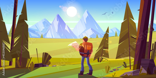 Hiker man with map and backpack in forest with coniferous trees, stones and mountains on horizon. Vector cartoon illustration of summer landscape with rocks, pines and tourist