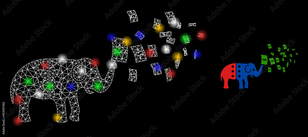 Flare mesh net american stimulus money inflation with colorful bright dots. Constellation vector mesh created from american stimulus money inflation icon.