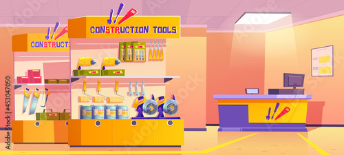 Construction tools store, hardware shop interior with counter desk, stand or showcase presenting production and diy instruments for carpentry and building works on shelves, Cartoon vector illustration