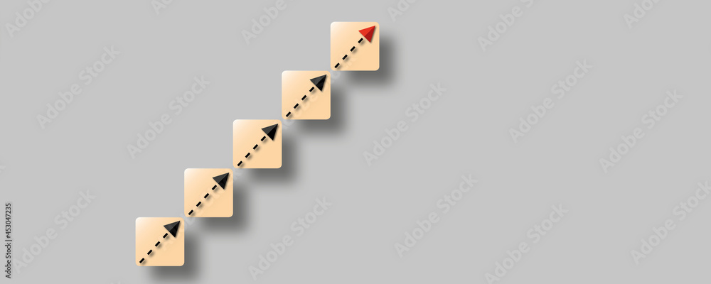 Fototapeta premium Arrow rising step up the stair on grey background as metaphor for business and financial growth, Success and financial developing, Success in business growth concept, paper art design style.