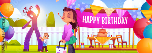 Happy birthday poster with party decorations on backyard and children. Vector banner with cartoon illustration of kids celebrate holiday in garden with inflatable tube man, balloons and cake