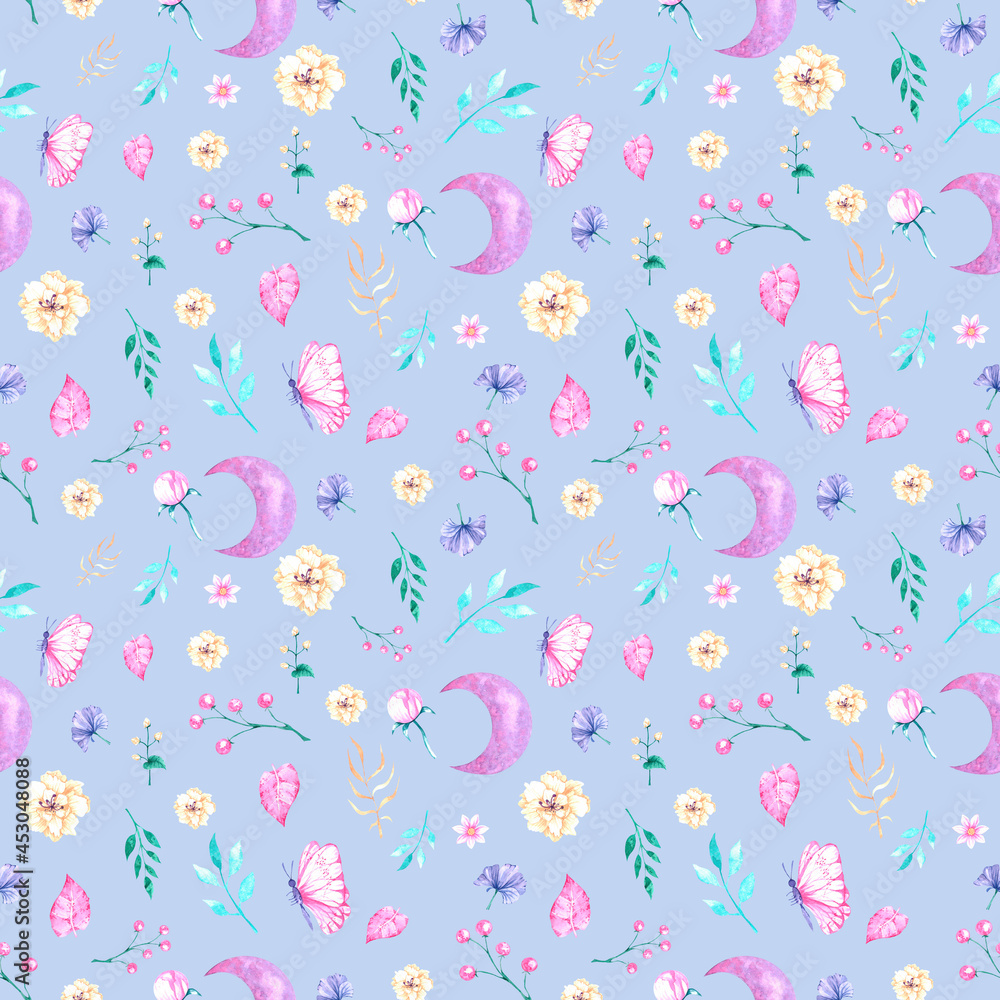 Seamless boho pattern with flowers, moon, horns and crystals 3 Seamless boho pattern with flowers, moon, horns and crystals 3