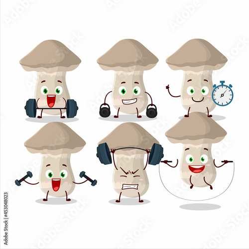 A healthy toadstool cartoon style trying some tools on Fitness center