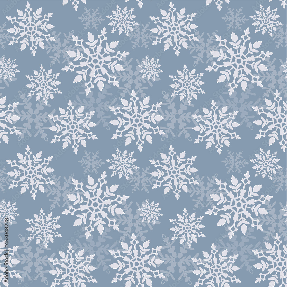 Beautiful seamless pattern with a round snowflake on a colored background. Vector illustration. Winter motifs