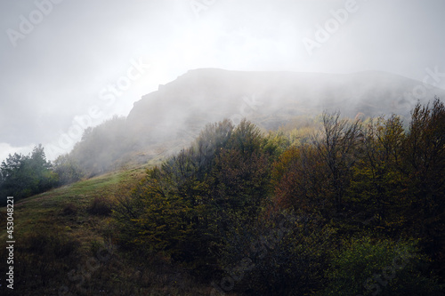 Majestic morning mountain landscape with colorful forest and cloudy sky. foggy autumn on the mountain slopes