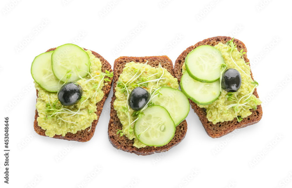 Tasty sandwiches with guacamole on white background Tasty sandwiches with guacamole on white background