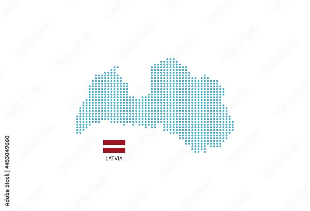 Latvia map design blue circle, white background with Latvia flag.