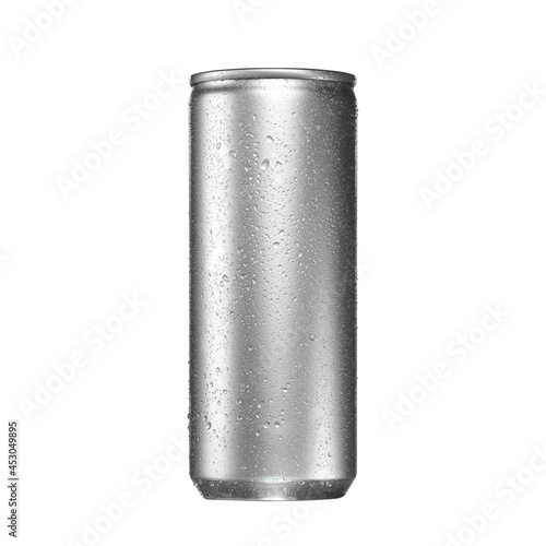 Blank aluminum soda or beer can with water drops isolated on white