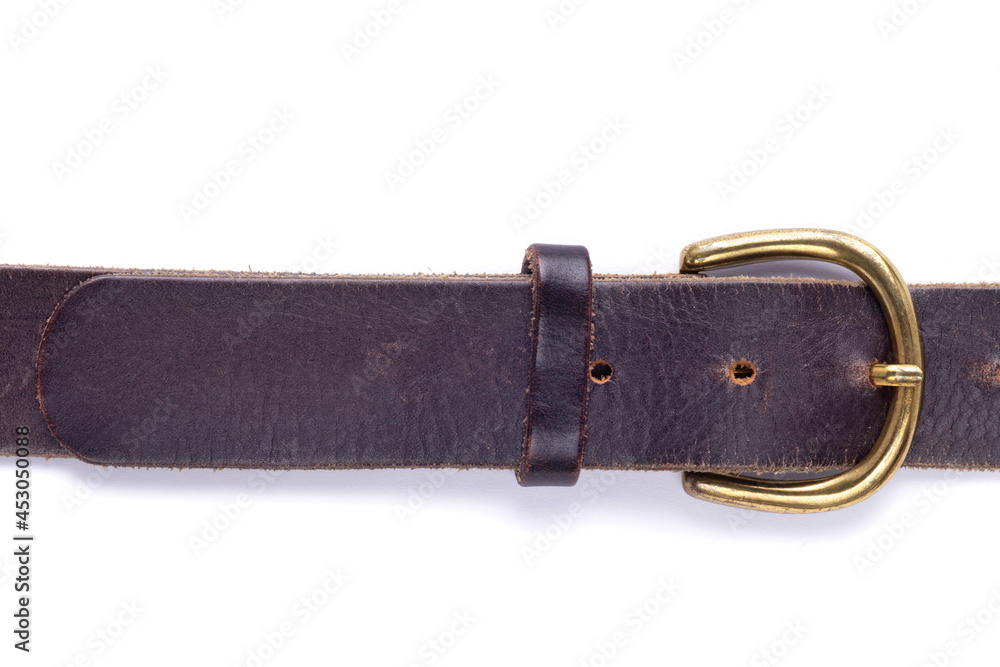 Leather belt isolated at white background. Old shabby belt with buckle Leather belt isolated at white background. Old shabby belt with buckle