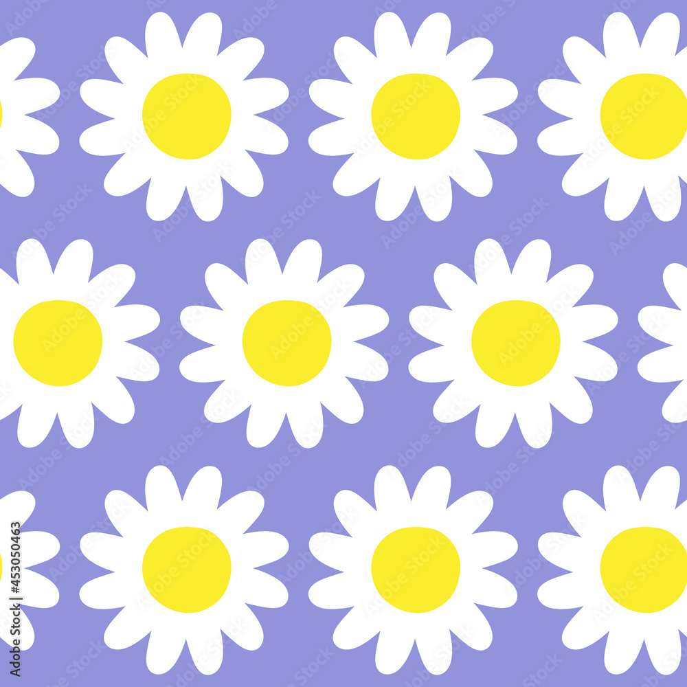 Cute vector white camomiles seamless pattern on a violet background Cute vector white camomiles seamless pattern on a violet background