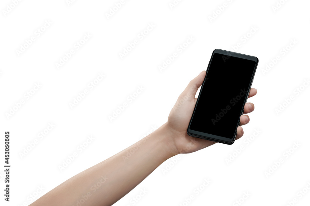 Woman hand holding black smartphone isolated on white background Woman hand holding black smartphone isolated on white background