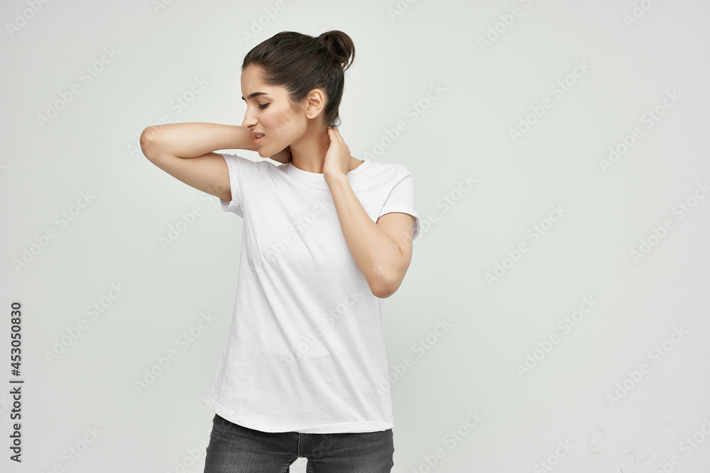 woman with neck pain health problems light background woman with neck pain health problems light background