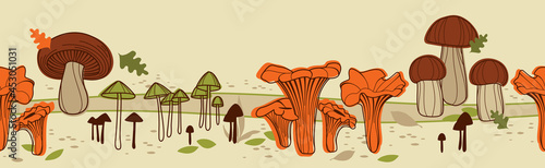 Seamless vector horizontal stripe of various edible and inedible mushrooms. Rough boletus, сhanterelle mushrooms, toadstool and leaves. To pick up mushrooms. Vector illustration. Beige background