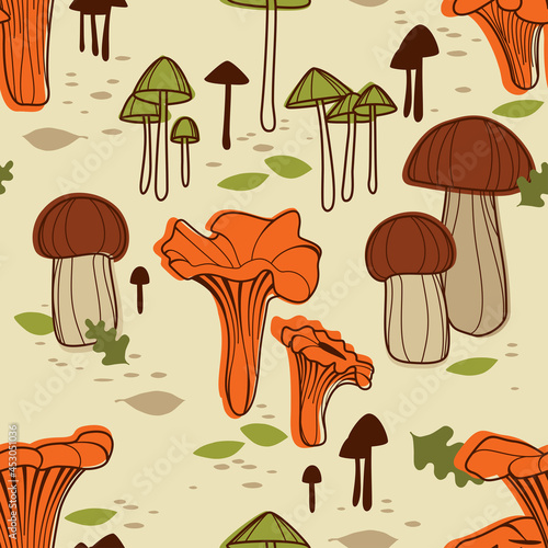 Children's seamless vector pattern of various edible and inedible mushrooms. Rough boletus, сhanterelle mushrooms, toadstool and leaves. To pick up mushrooms. Vector illustration. Beige background