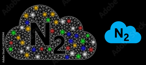 Glowing mesh web nitrogen gas with multi colored light spots. Constellation vector frame created from nitrogen gas pictogram. Sparkle constellation mesh nitrogen gas, on a black backgound.