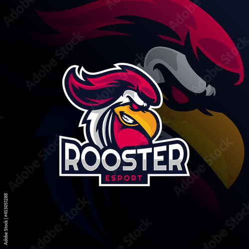 Rooster logo mascot for esport gaming. elegant drawing art rooster, chicken head logo design