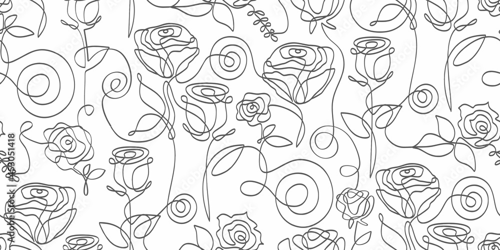 Seamless pattern of abstract rose one line isolated on white background. Minimalist face art. Black and white.