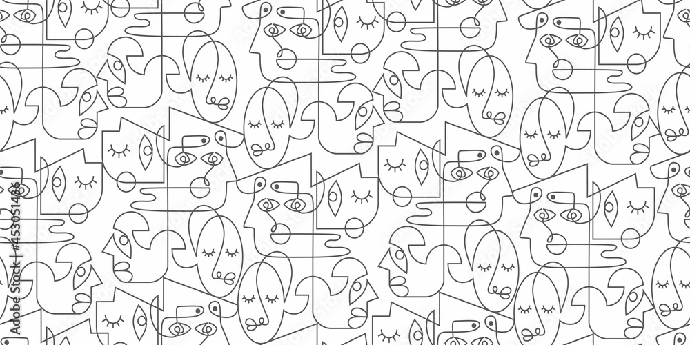 Seamless pattern of abstract face one line with puzzle style isolated on white background. Minimalist face art. Black and white.