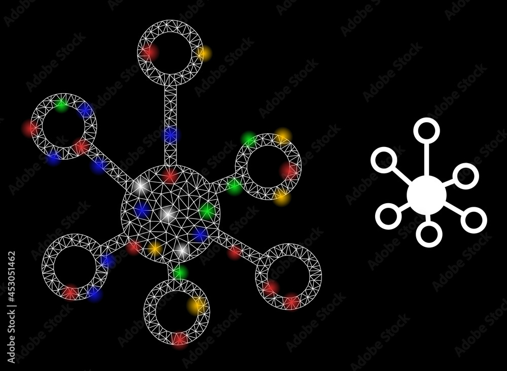 Flare mesh net relations with colored light spots. Constellation vector structure created from relations pictogram. Sparkle constellation mesh relations, on a black backgound. Flare mesh net relations with colored light spots. Constellation vector structure created from relations pictogram. Sparkle constellation mesh relations, on a black backgound.
