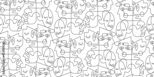 Seamless pattern of abstract face one line with puzzle style isolated on white background. Minimalist face art. Black and white.