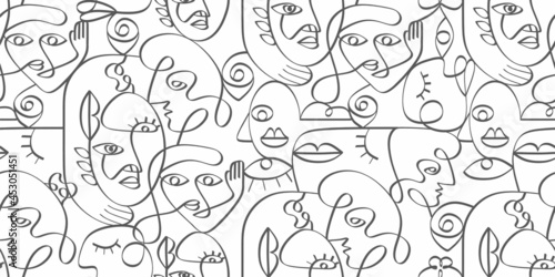 Seamless pattern of abstract face one line isolated on white background. Minimalist face art. Black and white.