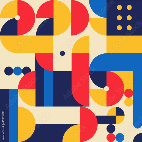 Abstract geometric mural colorful seamless pattern in Bauhaus style. minimalist geometric artwork with simple shapes and drawings. 