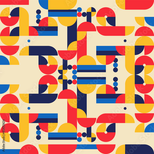 Abstract geometric mural colorful seamless pattern in Bauhaus style. minimalist geometric artwork with simple shapes and drawings. 