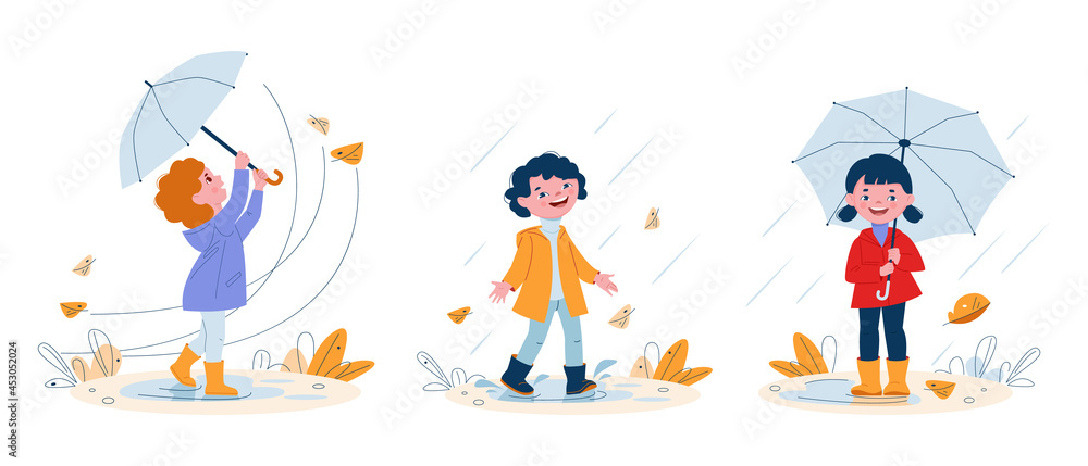 Cute smiling kids with umbrellas in rubber boots in the rain. Set of vector illustrations in flat cartoon style.